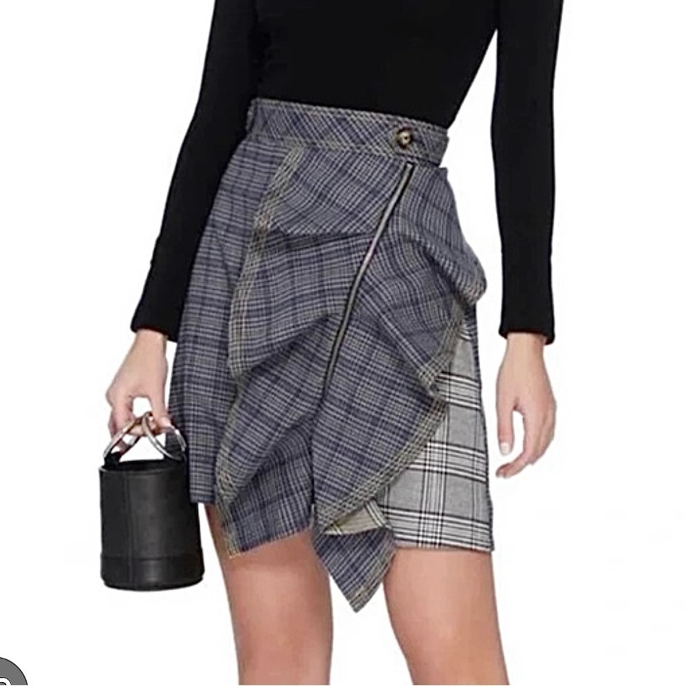 Self-Portrait Scottish Ruffled Checked Plaid Tweed Mini Skirt Blue Bicolor Sz 4
